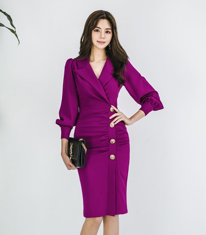 CM-DY082842 Women Elegant Seoul Style Collar Neckline High Waist Midi Dress - Purple