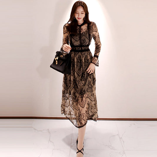 CM-DY082897 Women Elegant Seoul Style Round Neck Long Sleeve Lace Dress