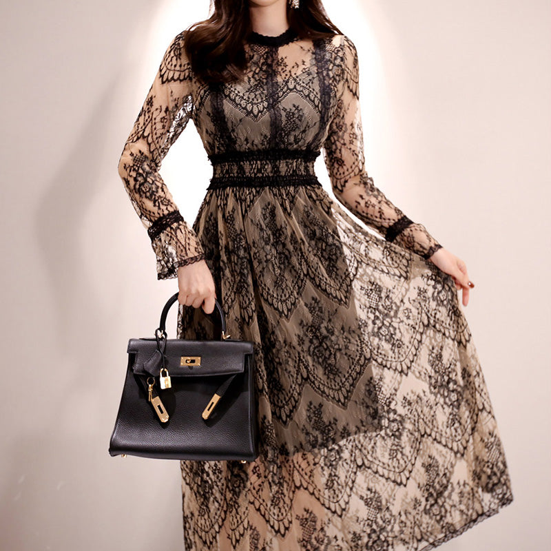CM-DY082897 Women Elegant Seoul Style Round Neck Long Sleeve Lace Dress