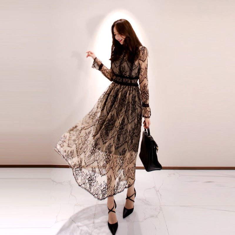 CM-DY082897 Women Elegant Seoul Style Round Neck Long Sleeve Lace Dress