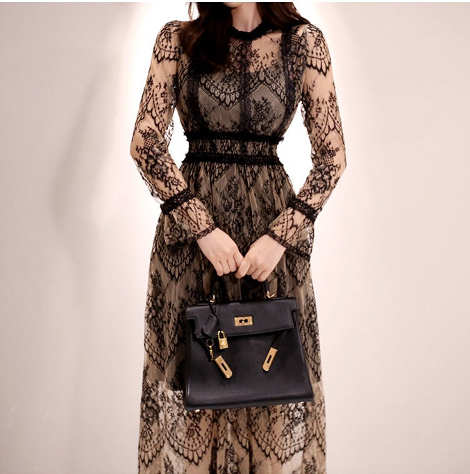 CM-DY082897 Women Elegant Seoul Style Round Neck Long Sleeve Lace Dress