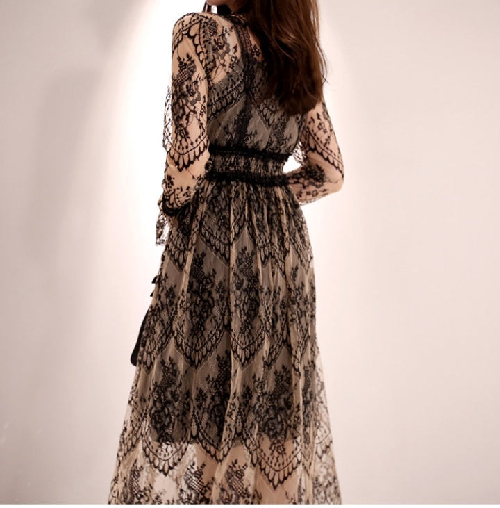 CM-DY082897 Women Elegant Seoul Style Round Neck Long Sleeve Lace Dress