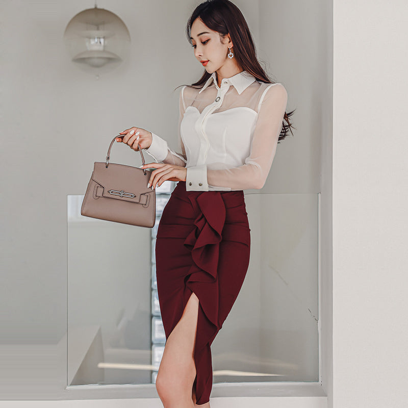 CM-SY082899 Women Elegant Seoul Style Collar Neckline Mesh Long Sleeve Blouse With Midi Skirt - Set