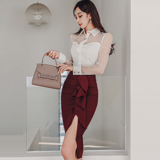 CM-SY082899 Women Elegant Seoul Style Collar Neckline Long Sleeve Blouse With Skirt- Set