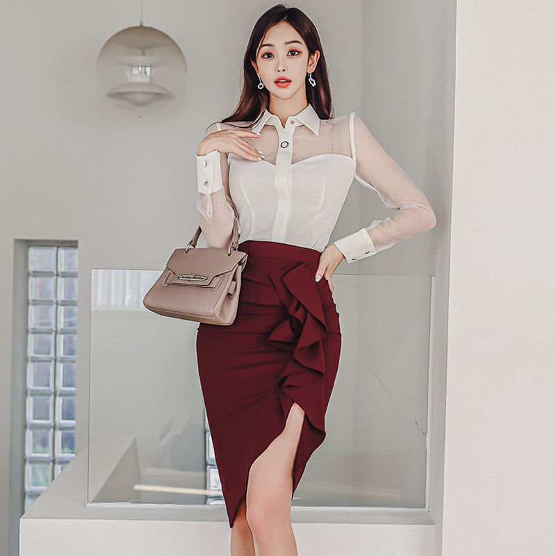 CM-SY082899 Women Elegant Seoul Style Collar Neckline Long Sleeve Blouse With Skirt- Set