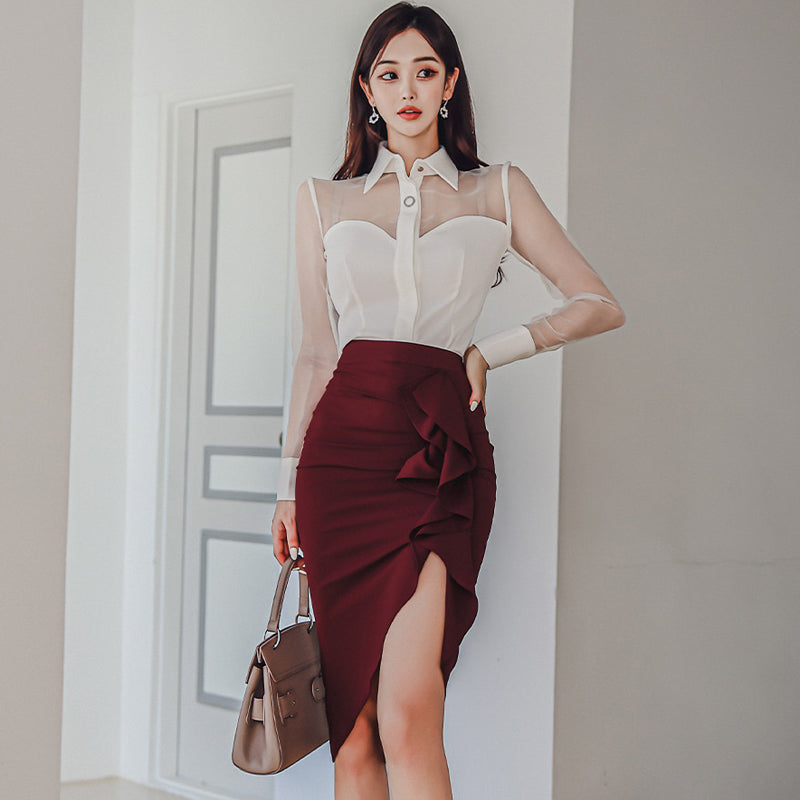 CM-SY082899 Women Elegant Seoul Style Collar Neckline Long Sleeve Blouse With Skirt- Set