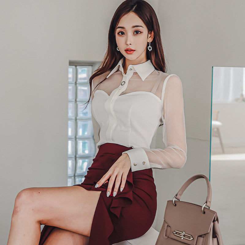 CM-SY082899 Women Elegant Seoul Style Collar Neckline Long Sleeve Blouse With Skirt- Set