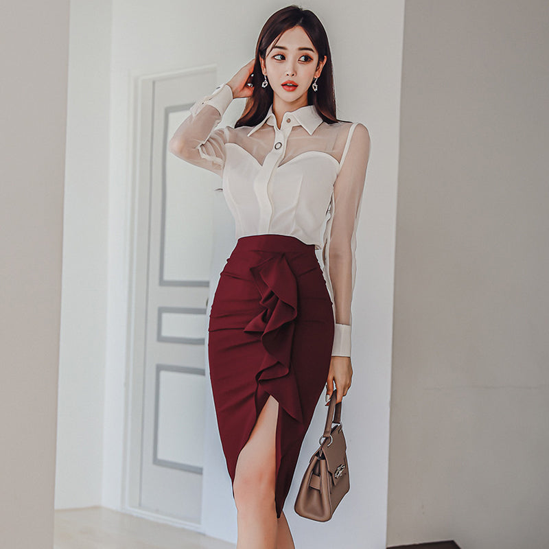 CM-SY082899 Women Elegant Seoul Style Collar Neckline Long Sleeve Blouse With Skirt- Set