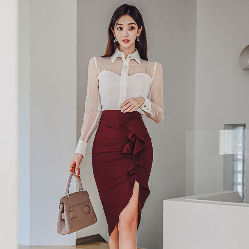 CM-SY082899 Women Elegant Seoul Style Collar Neckline Mesh Long Sleeve Blouse With Midi Skirt - Set