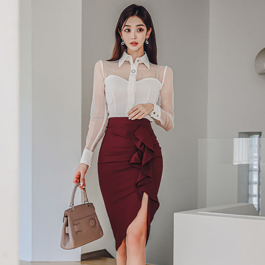 CM-SY082899 Women Elegant Seoul Style Collar Neckline Mesh Long Sleeve Blouse With Midi Skirt - Set