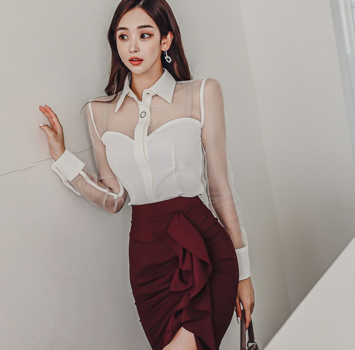 CM-SY082899 Women Elegant Seoul Style Collar Neckline Long Sleeve Blouse With Skirt- Set