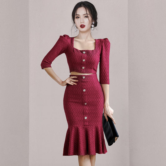 CM-SY082900 Women Elegant Seoul Style Square Neck 3/4 Sleeve Blouse With Midi Skirt - Set