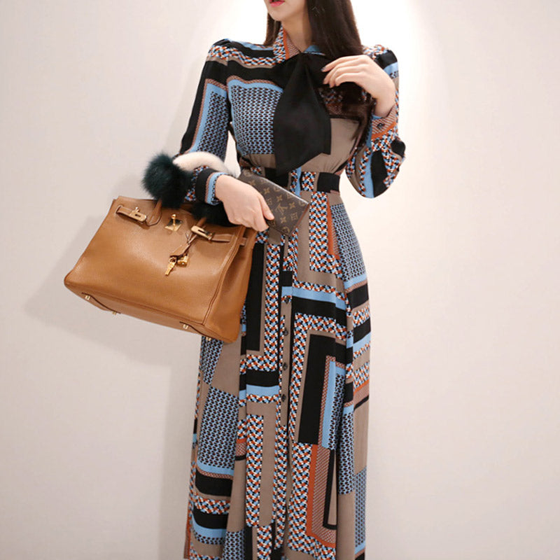 CM-DY082914 Women Casual Seoul Style Collar Neckline Shirt Bow Long Dress