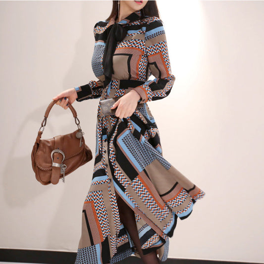 CM-DY082914 Women Casual Seoul Style Collar Neckline Shirt Bow Long Dress
