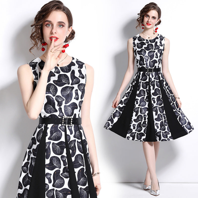 CM-DY084181 Women Elegant European Style All-Over Print Jacquard Splice Sleeveless Midi Dress - Black