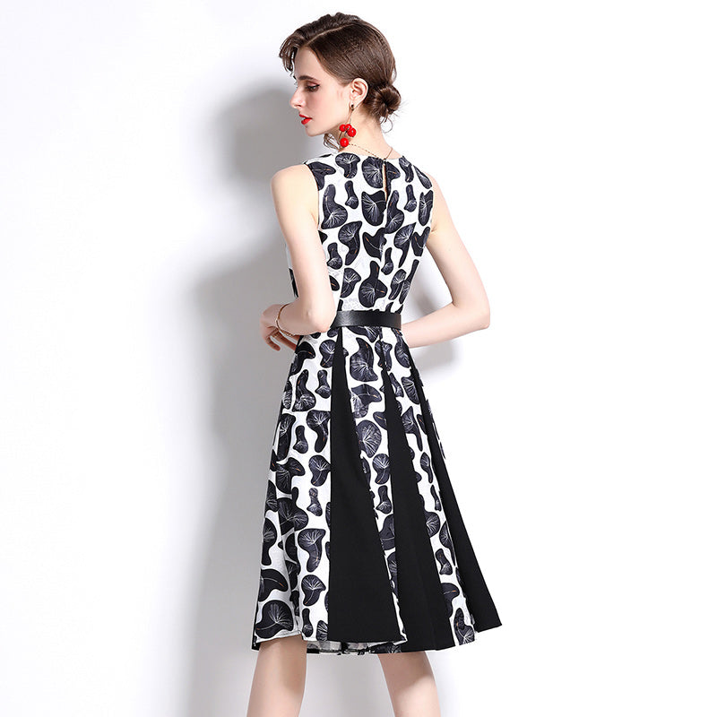 CM-DY084181 Women Elegant European Style All-Over Print Jacquard Splice Sleeveless Midi Dress - Black
