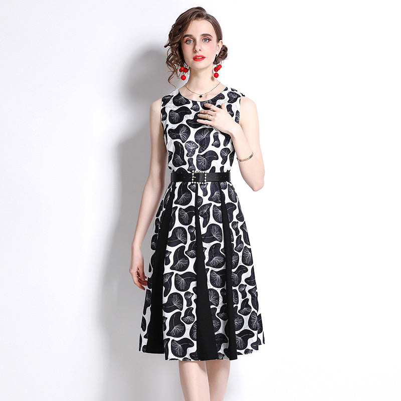 CM-DY084181 Women Elegant European Style All-Over Print Jacquard Splice Sleeveless Midi Dress - Black