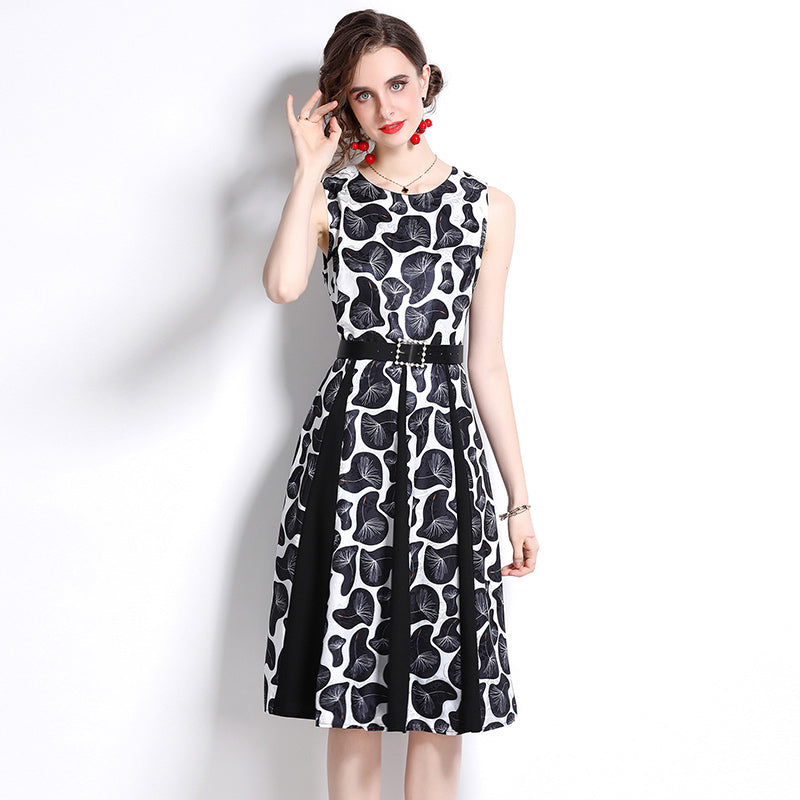 CM-DY084181 Women Elegant European Style All-Over Print Jacquard Splice Sleeveless Midi Dress - Black