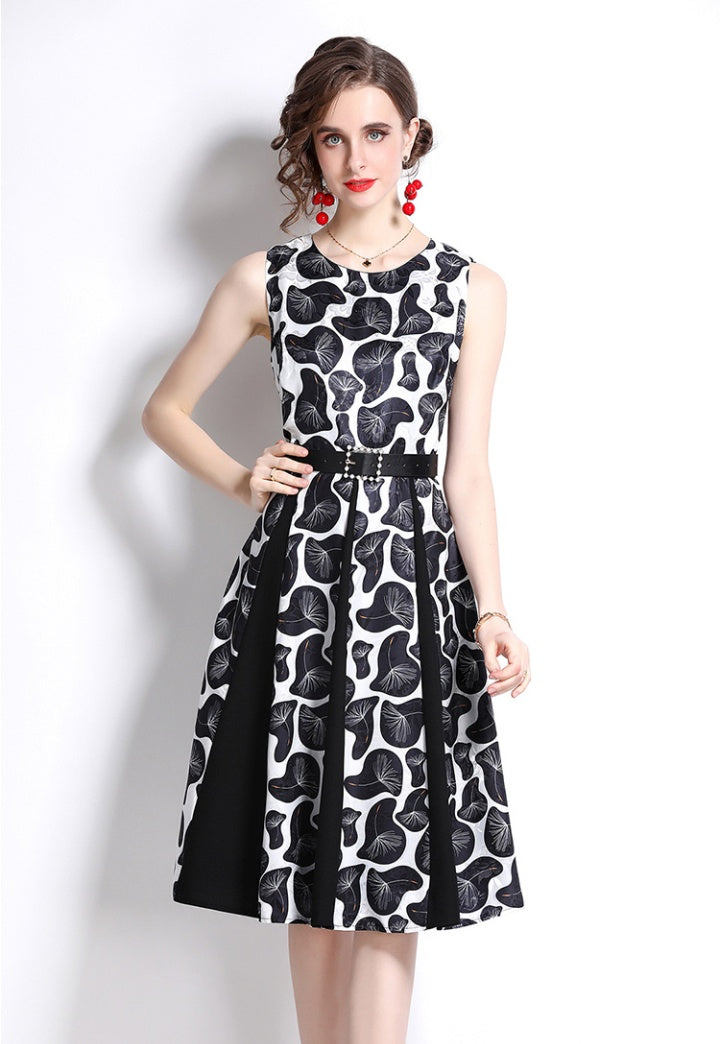 CM-DY084181 Women Elegant European Style All-Over Print Jacquard Splice Sleeveless Midi Dress - Black