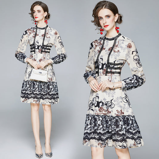 CM-DY084183 Women Elegant European Style Stand Collar Long Sleeve Mini Dress