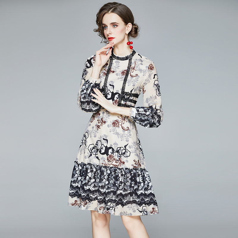 CM-DY084183 Women Elegant European Style Stand Collar Long Sleeve Mini Dress