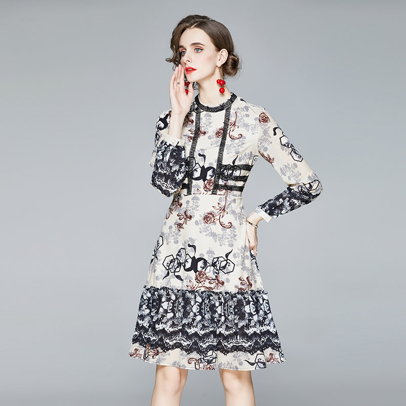 CM-DY084183 Women Elegant European Style Stand Collar Long Sleeve Mini Dress