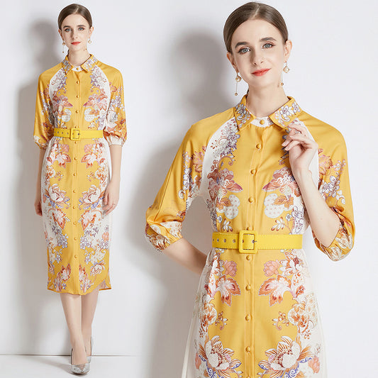 CM-DY084186 Women Elegant Euroepan Style Collar Neckline 3/4 Sleeve Midi Dress - Yellow