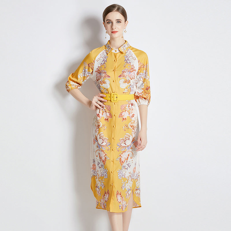 CM-DY084186 Women Elegant Euroepan Style Collar Neckline 3/4 Sleeve Midi Dress - Yellow
