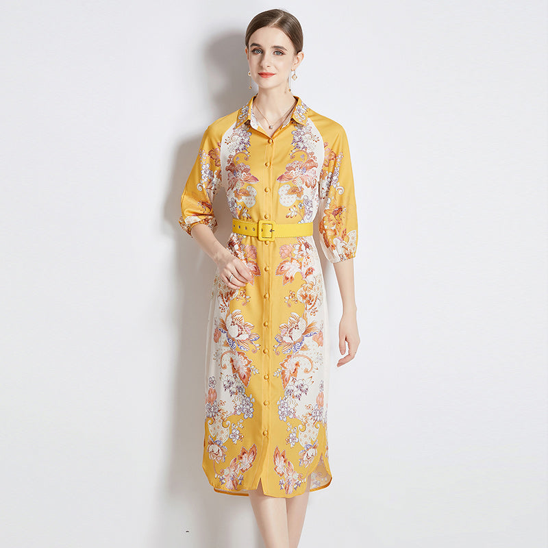 CM-DY084186 Women Elegant Euroepan Style Collar Neckline 3/4 Sleeve Midi Dress - Yellow