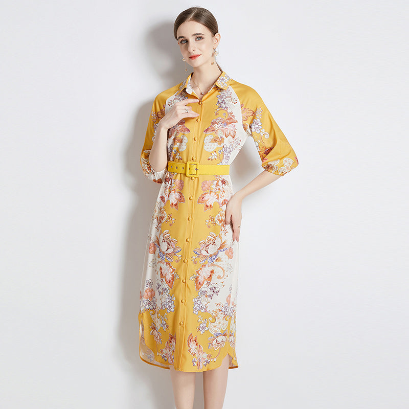 CM-DY084186 Women Elegant Euroepan Style Collar Neckline 3/4 Sleeve Midi Dress - Yellow
