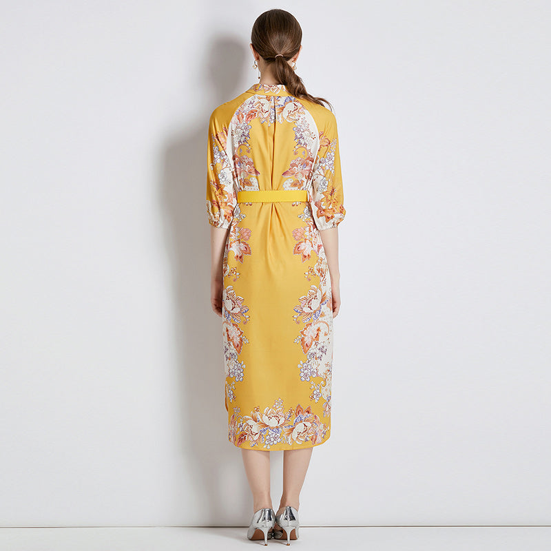 CM-DY084186 Women Elegant Euroepan Style Collar Neckline 3/4 Sleeve Midi Dress - Yellow