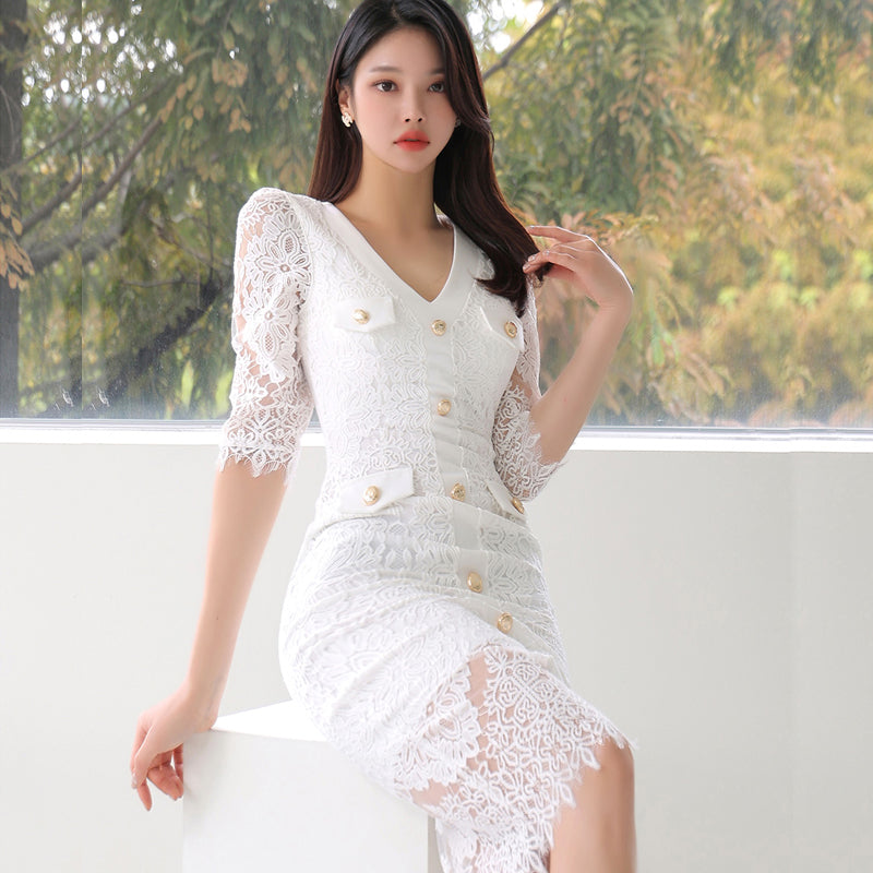 CM-DY084780 Women Elegant Seoul Style Lace V-Neck 3/4 Sleeve Midi Dress - White