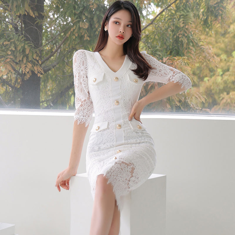 CM-DY084780 Women Elegant Seoul Style Lace V-Neck 3/4 Sleeve Midi Dress - White