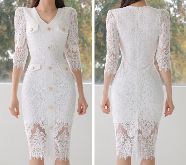 CM-DY084780 Women Elegant Seoul Style Lace V-Neck 3/4 Sleeve Midi Dress - White