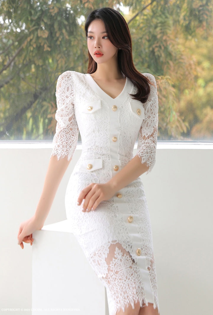CM-DY084780 Women Elegant Seoul Style Lace V-Neck 3/4 Sleeve Midi Dress - White