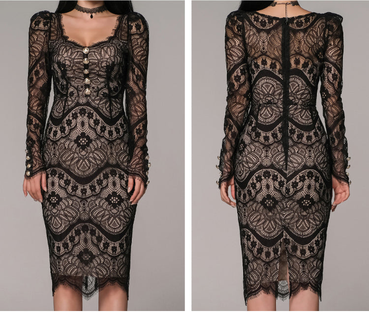 CM-DY084783 Women Elegant Seoul Style Lace Square Collar Slim Midi Dress - Black