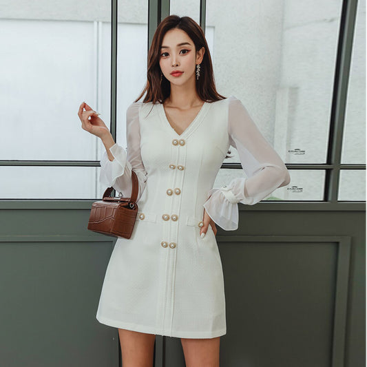 CM-DY084792 Women Elegant Seoul Style V-Neck Long Sleeve A-Line Mini Dress - White