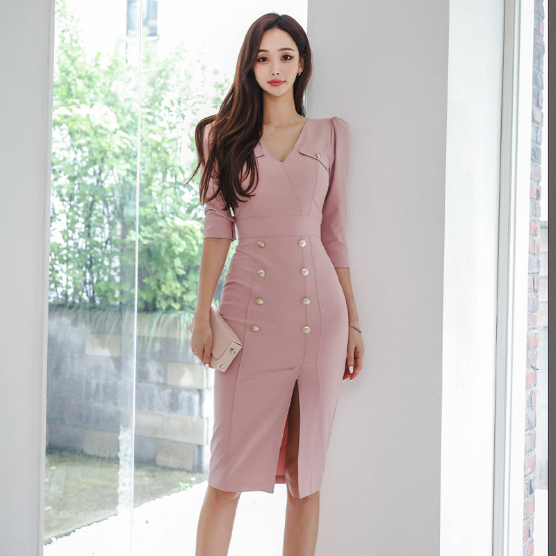 CM-DY084795 Women Elegant Seoul Style V-Collar High Waist Split Midi Dress (Available in 2 colors)