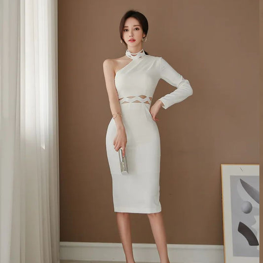 CM-DY084801 Women Elegant Seoul Style Stand Collar Long Sleeve Slim Midi Dress - White