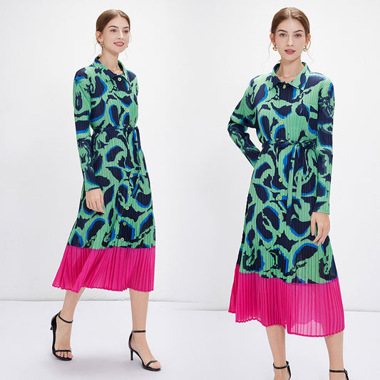 CM-DY084999 Women Elegant European Style Collar Neckline Long Sleeve Pleats A-Line Slim Dress - Green