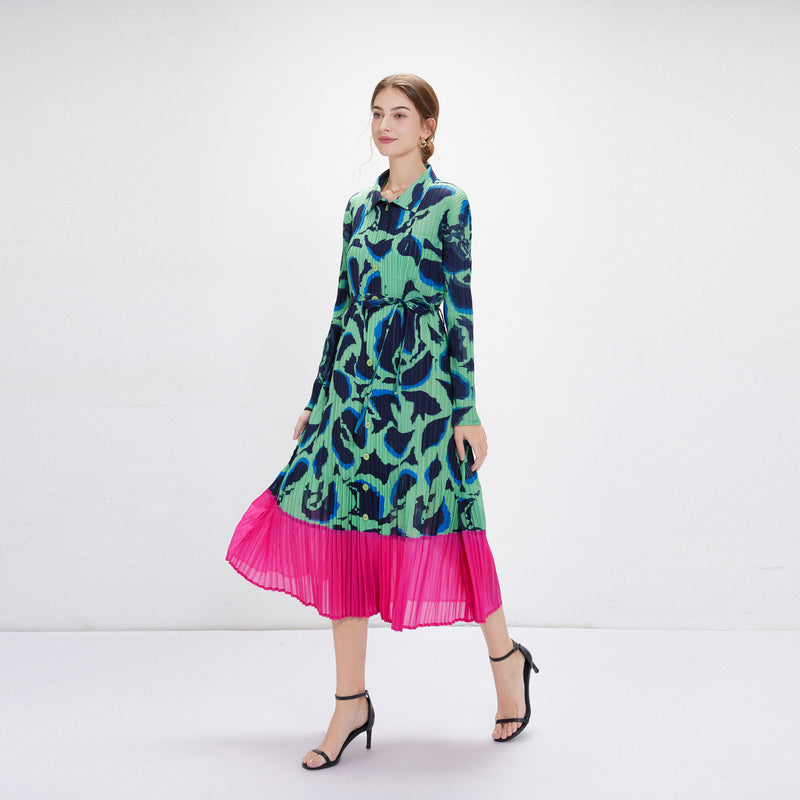 CM-DY084999 Women Elegant European Style Collar Neckline Long Sleeve Pleats A-Line Slim Dress - Green