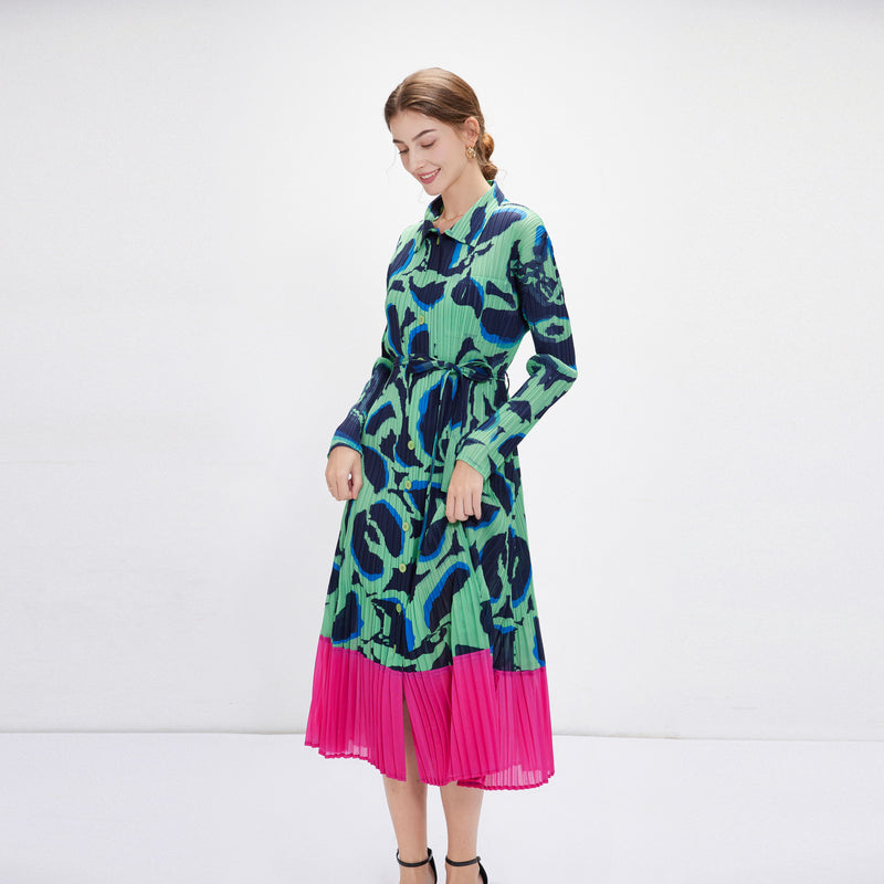 CM-DY084999 Women Elegant European Style Collar Neckline Long Sleeve Pleats A-Line Slim Dress - Green