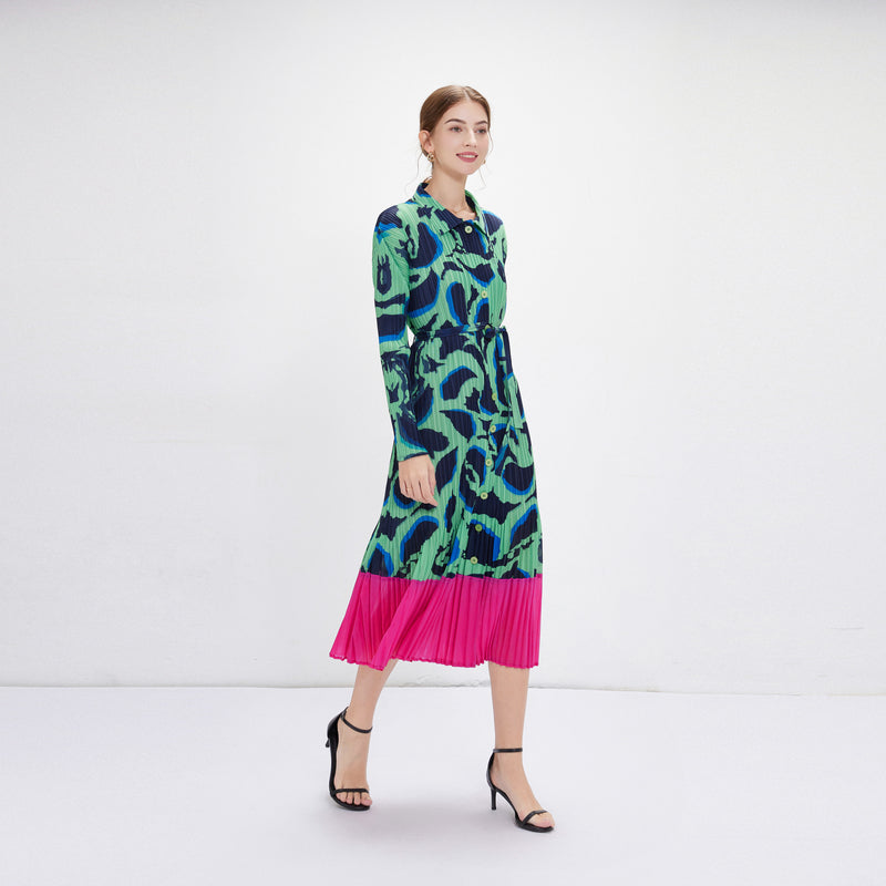 CM-DY084999 Women Elegant European Style Collar Neckline Long Sleeve Pleats A-Line Slim Dress - Green