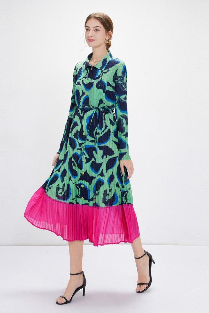 CM-DY084999 Women Elegant European Style Collar Neckline Long Sleeve Pleats A-Line Slim Dress - Green