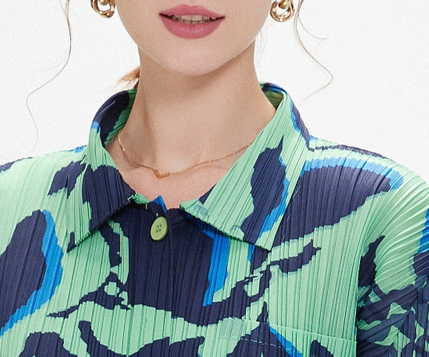 CM-DY084999 Women Elegant European Style Collar Neckline Long Sleeve Pleats A-Line Slim Dress - Green