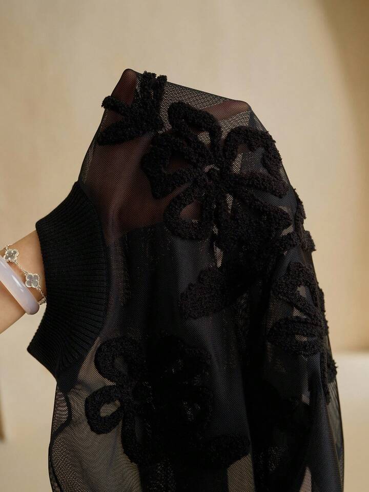 CM-CS687728 Women Elegant Seoul Style Loose Semi-Sheer Embroidered Pattern Sweater - Black