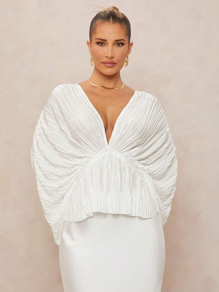 CM-TS219651 Women Elegant Seoul Style Deep V-Neck Long Sleeve Loose Fit Ruffled Hem  Oversized Blouse - White
