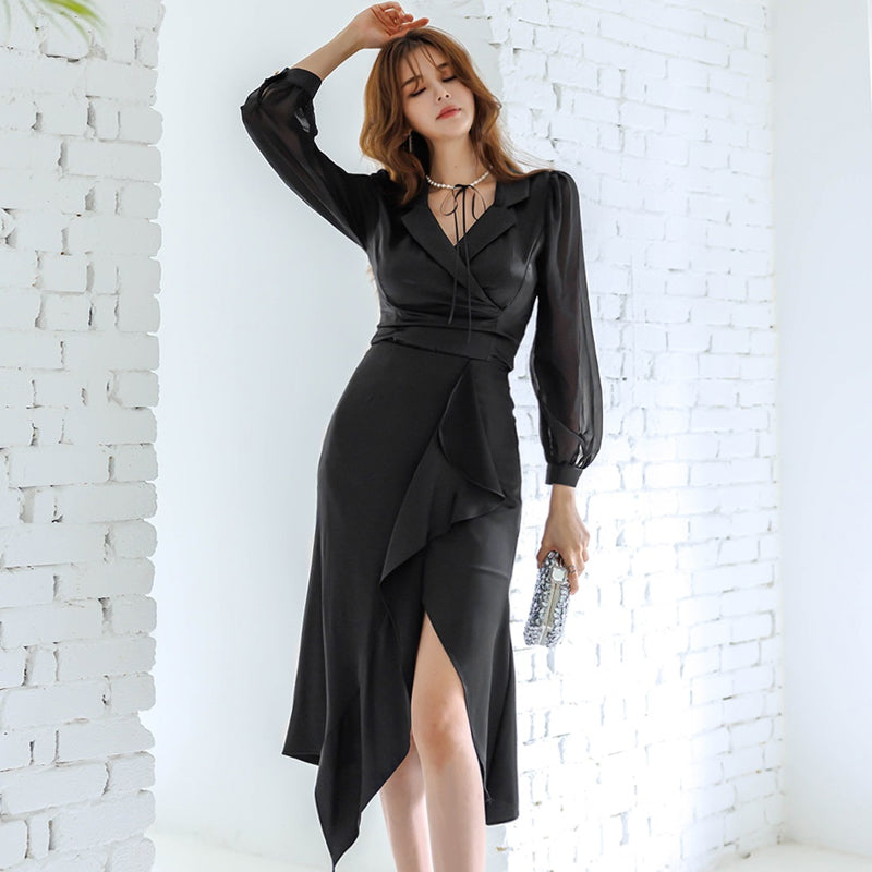 CM-DY085909 Women Elegant Seoul Style Collar Neckline Lantern Sleeve Slim Split Dress