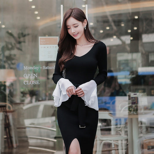 CM-DY087095 Women Elegant Seoul Style Slim Split Splice Long Sleeve Dress - Black