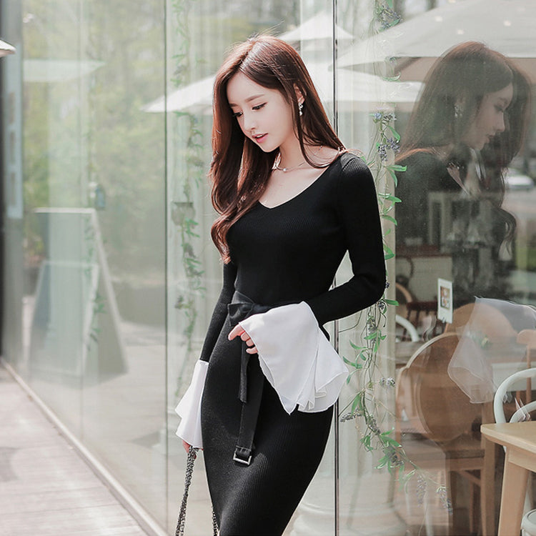 CM-DY087095 Women Elegant Seoul Style Slim Split Splice Long Sleeve Dress - Black